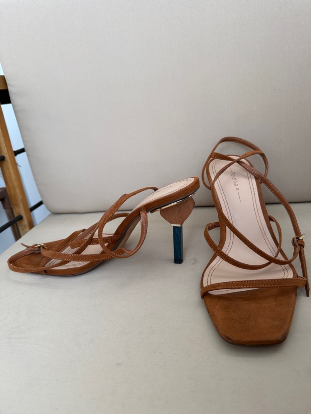 Bershka Tan Strappy Square-Toe Heeled Sandals